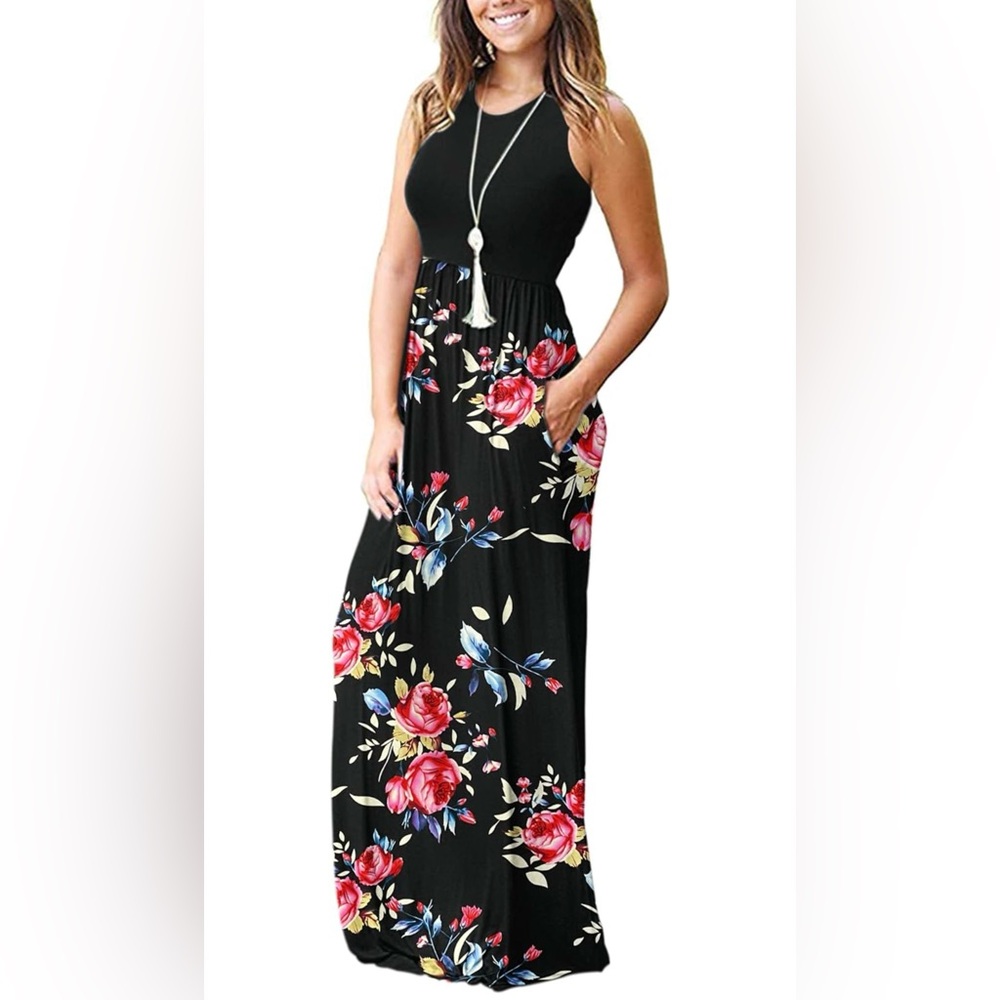 Colourful Floral Black Empire Waist Maxi Dress with Pockets Pink Blue Flowers